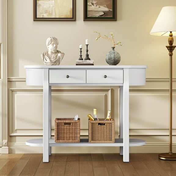 Aukfa Retro Console Table with Two Drawers and Shelf for Entryway/Living Rooms/Hallway, Oval-Shaped Tabletop, White