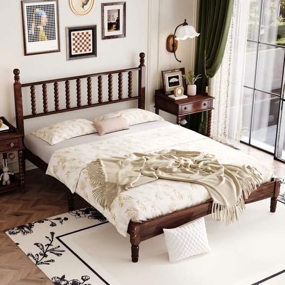 Aukfa Retro Queen Size Bed Frame with Gourd Shaped Headboard, Wood Platform Bed, Walnut