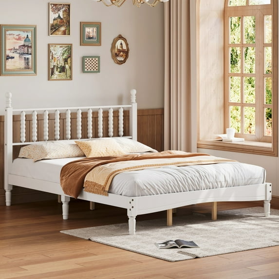 Aukfa Retro Queen Size Bed Frame with Gourd Shaped Headboard, Wood Platform Bed, White