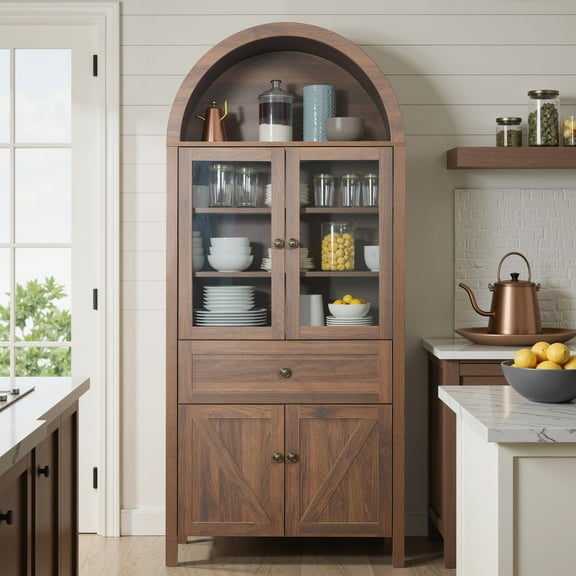 Aukfa Retro Wood Storage Cabinet, Arched Tall Kitchen Pantry with Bookshelf & Sideboard,Walnut