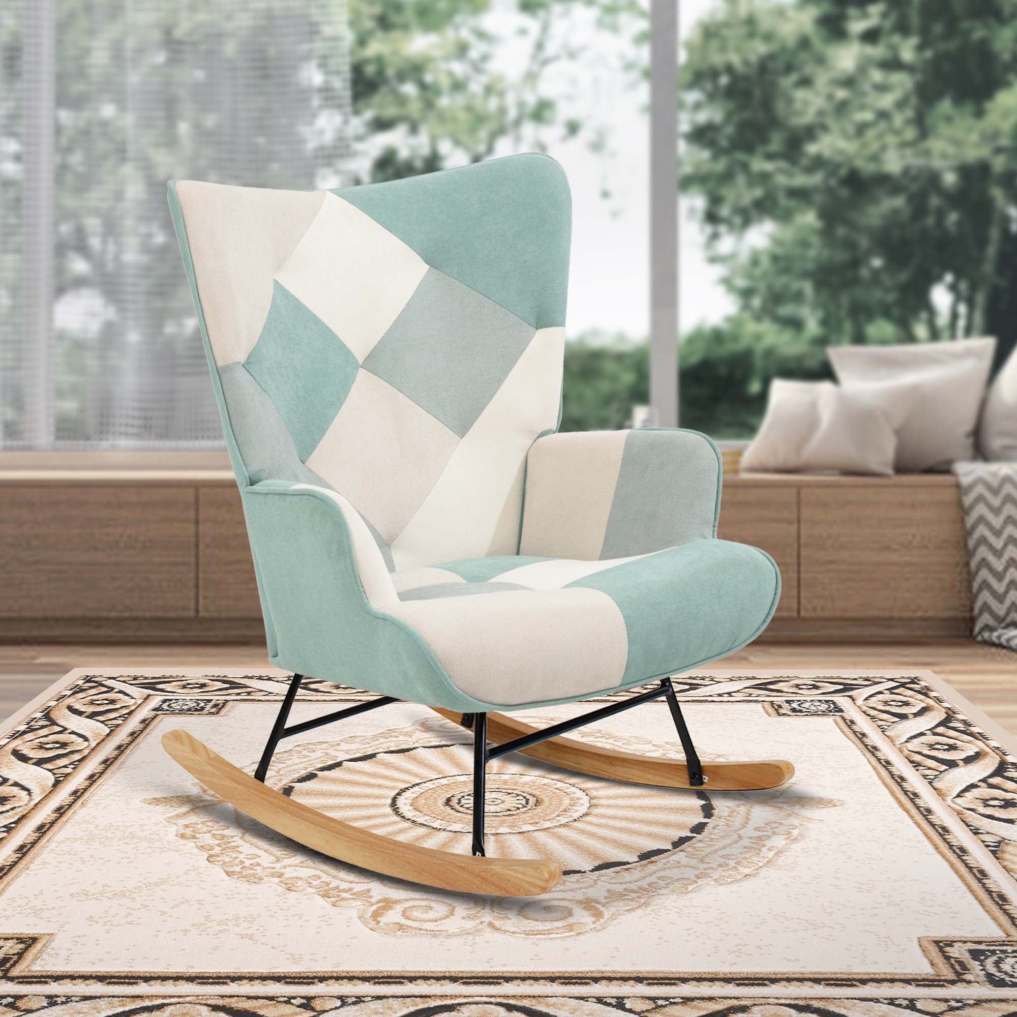 Aukfa Rocking Chair, Linen Upholstered Wingback Glider Armchair with Wood Base for Nursery
