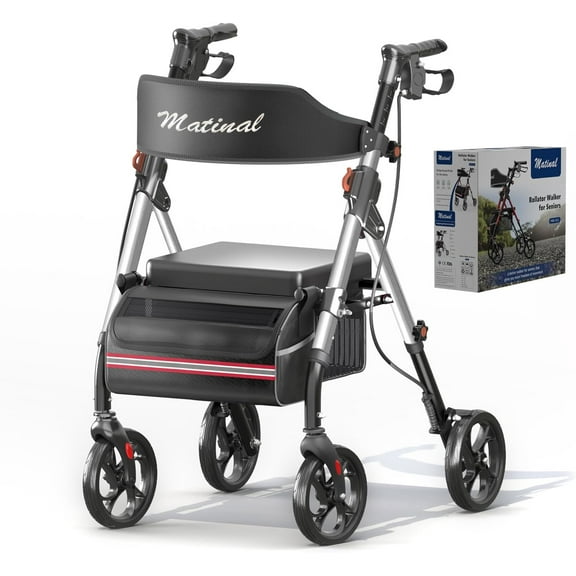 Aukfa Rollator Walker for Seniors,Lightweight Foldable All Terrain Rolling Walker with seat,8" Big Wheels,350 lb Capacity,Silver