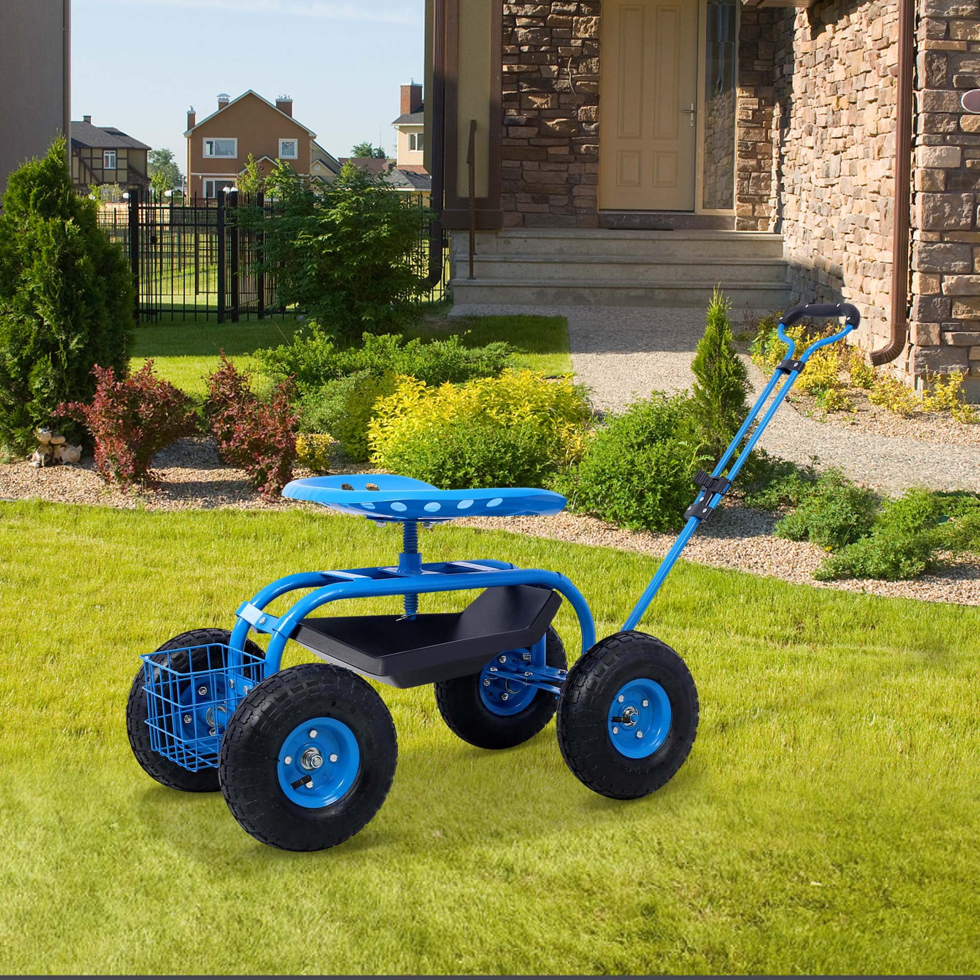 Aukfa Rolling Garden Cart Scooter with Swivel Seat, Wheels, and Tool Tray - Blue, image size:2000x2000