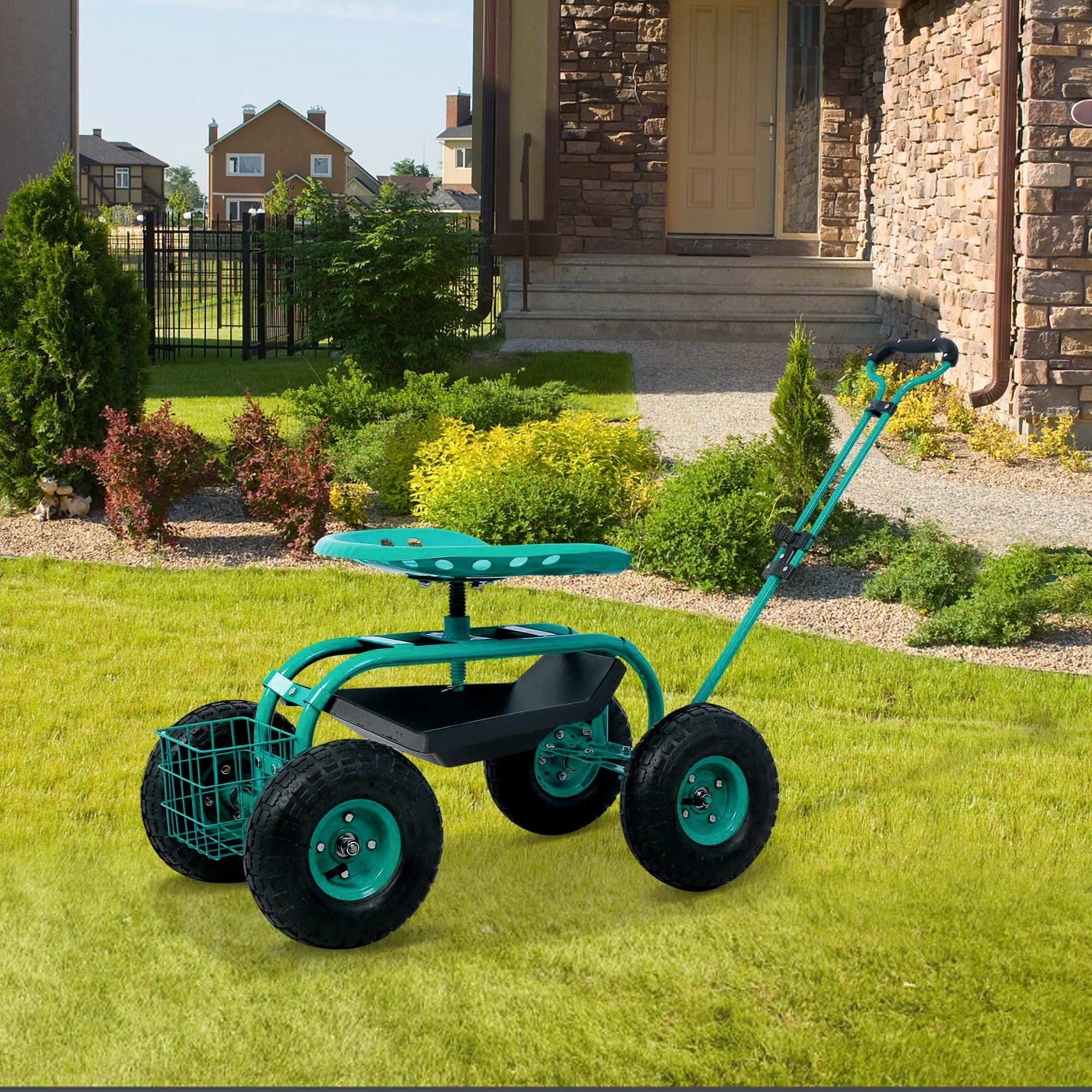 Aukfa Rolling Garden Cart Scooter with Swivel Seat, Wheels, and Tool Tray - Green