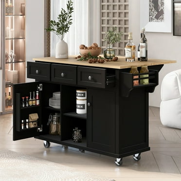 Aukfa Rolling Kitchen Island Cart with Storage Racks & Drop-Leaf Countertop,Black