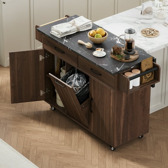 Aukfa Rolling Kitchen Island Table on Wheels W/ Drop Leaf & Trash Can, Storage Cabinet for Kitchen Living Room, Walnut