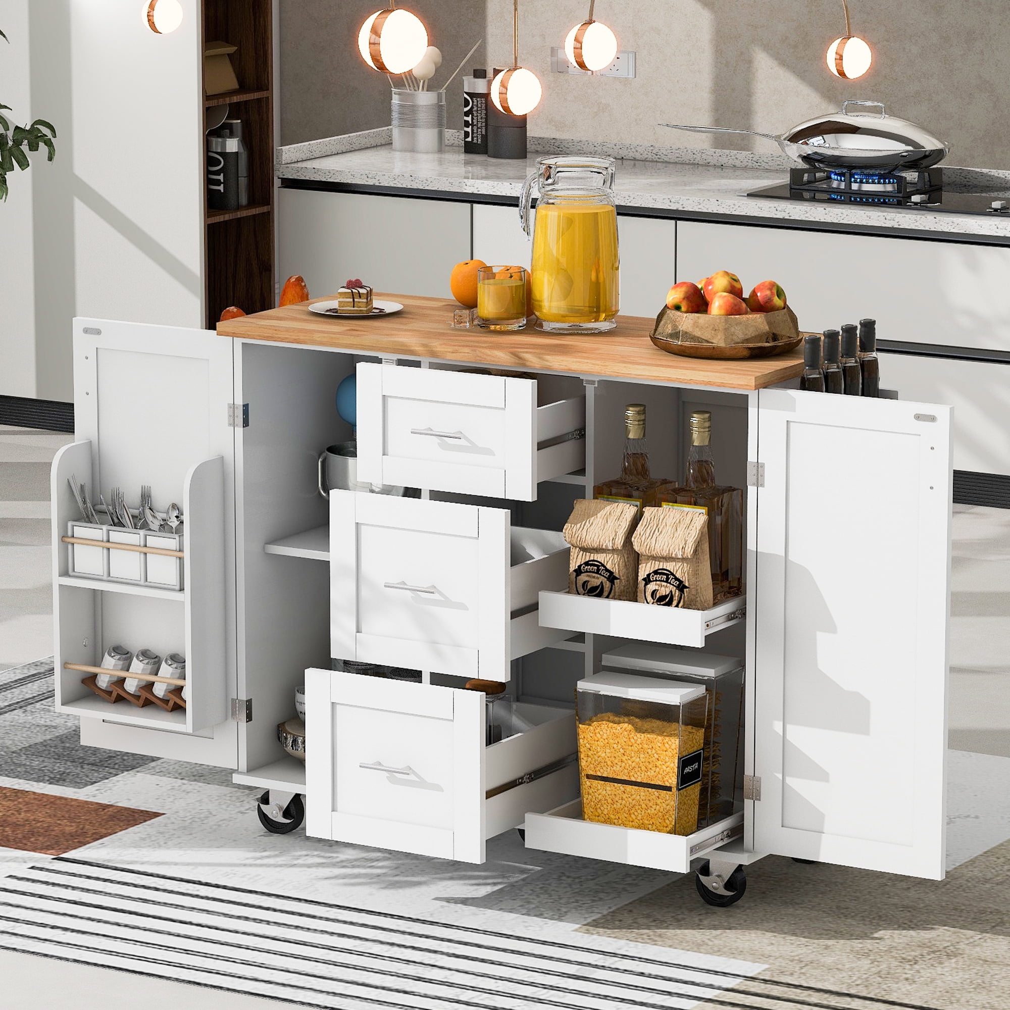 Aukfa Rolling Kitchen Island with Storage, Kitchen Cart W/3 Drawer & 2 Slide-Out Shelf,White