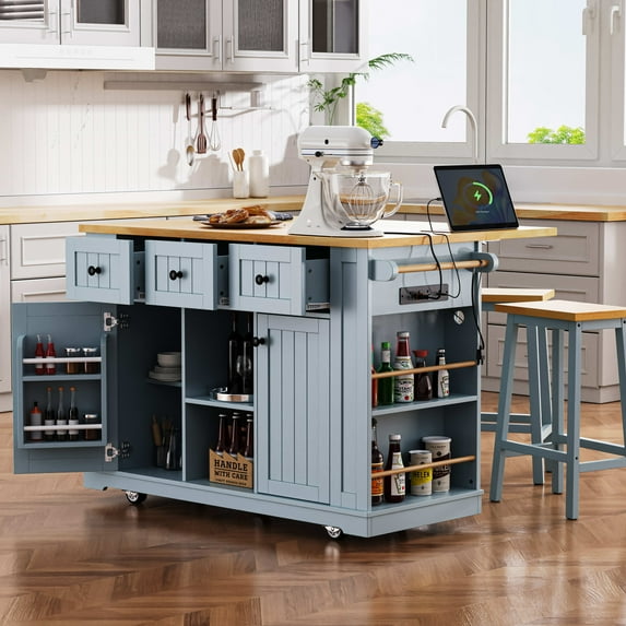 Aukfa Rolling Kitchen Island with Storage and Power Outlets,Farmhouse Kitchen Island Cabinet,Green