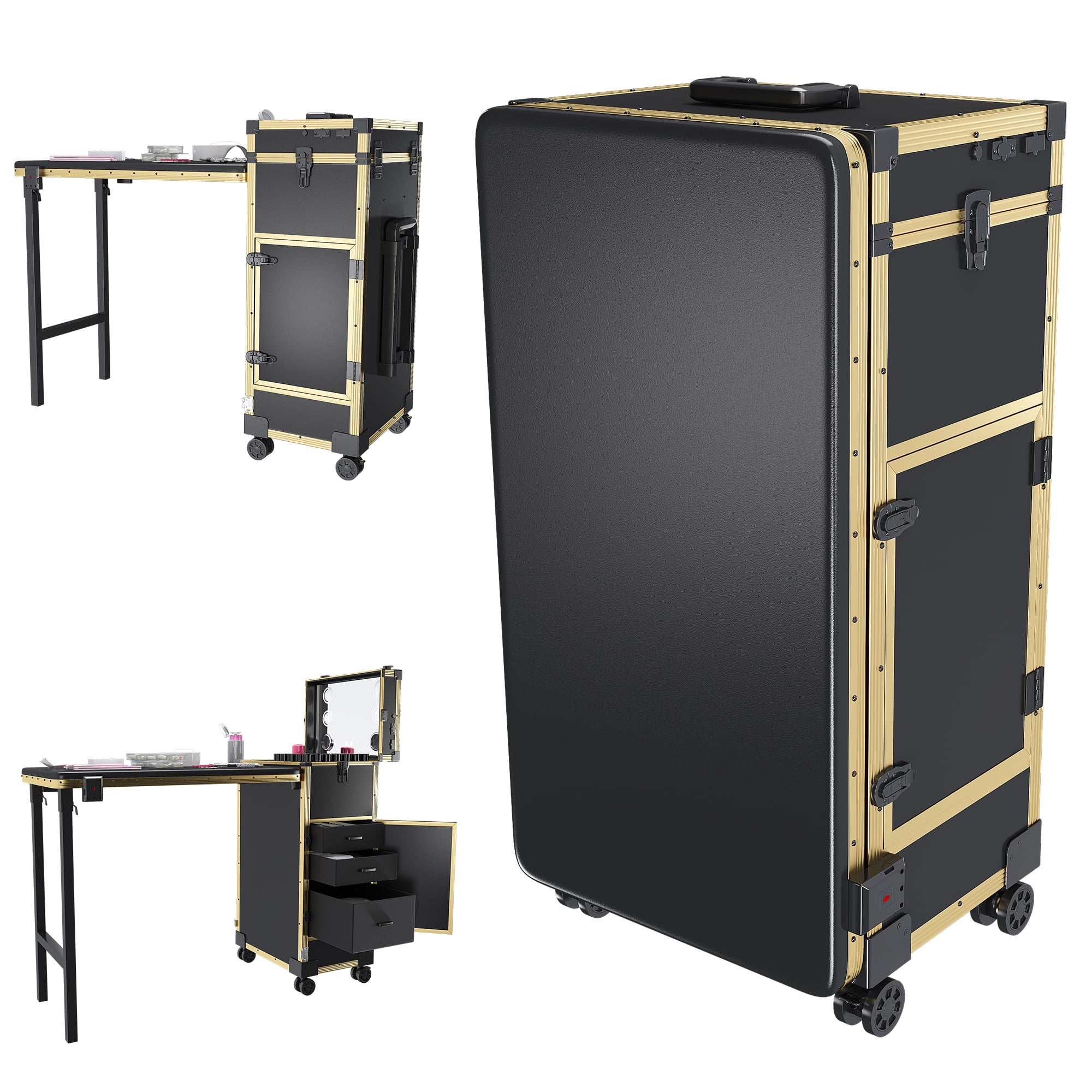 Aukfa Rolling Portable Manicure Table,Folding Nail Table with LED Mirro,Wireless Speaker & Lockable Drawers for Home & Mobile Salon,Black Gold