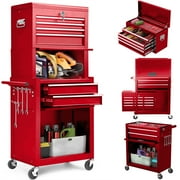 Aukfa Tool Box, 3 in 1 Steel Rolling Tool Chest w/ 6-Drawers & 2 Cabinet for Garage Workshop, Red