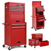 Aukfa Rolling Tool Box, 3 in 1 Steel Tool Chest with 6-Drawer & 2 Cabinet for Workshop Garage, Red