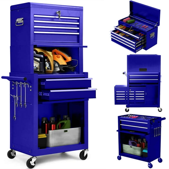 Aukfa Tool Box, 3 in 1 Steel Rolling Tool Chest w/ 6-Drawers & 2 Cabinet for Garage Workshop, Blue