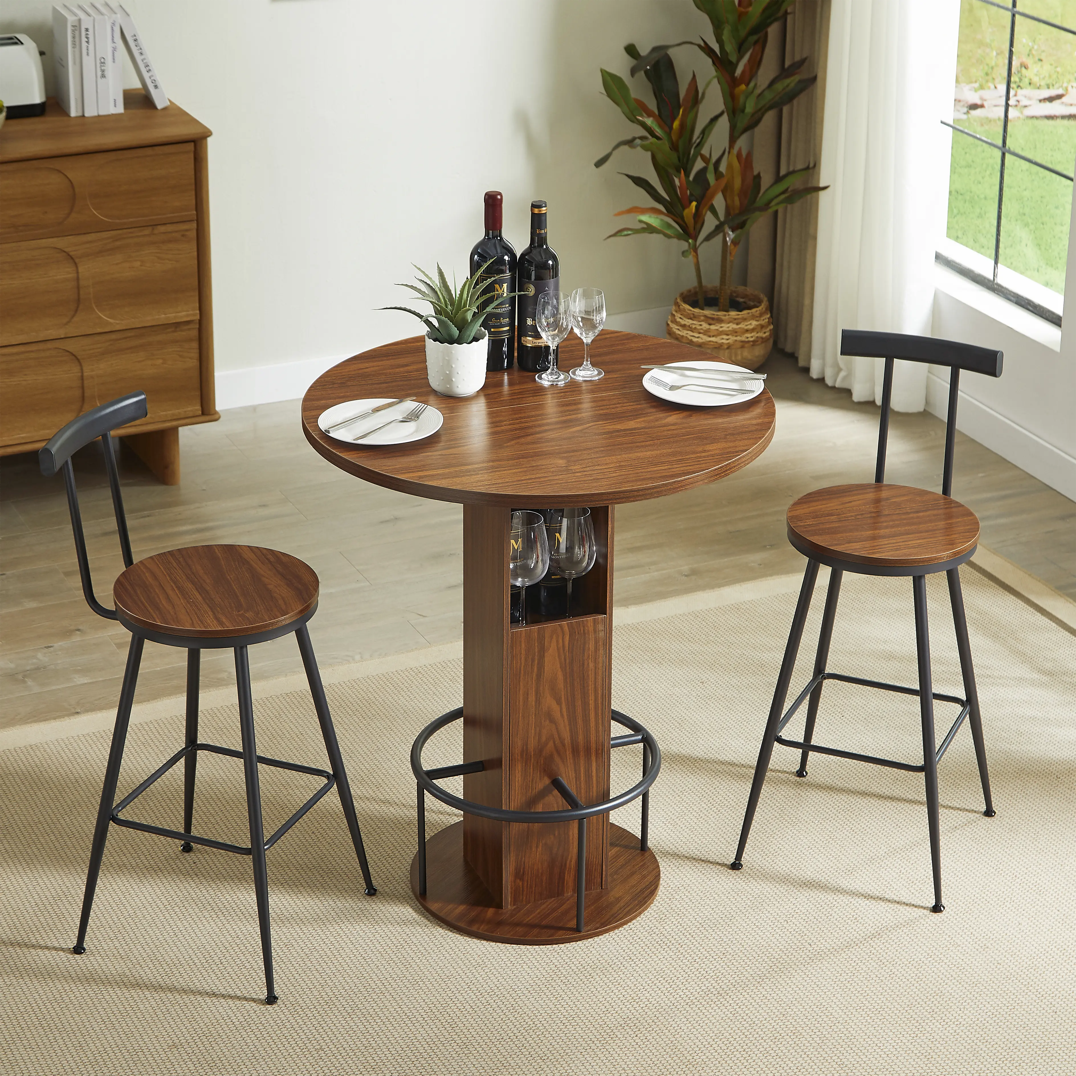 Aukfa Round Dining Table Set for 2, Dining Table with 2 Bar Stools, Storage Base & Footrest,Space-Saving Kitchen & Dining Table Set,Brown