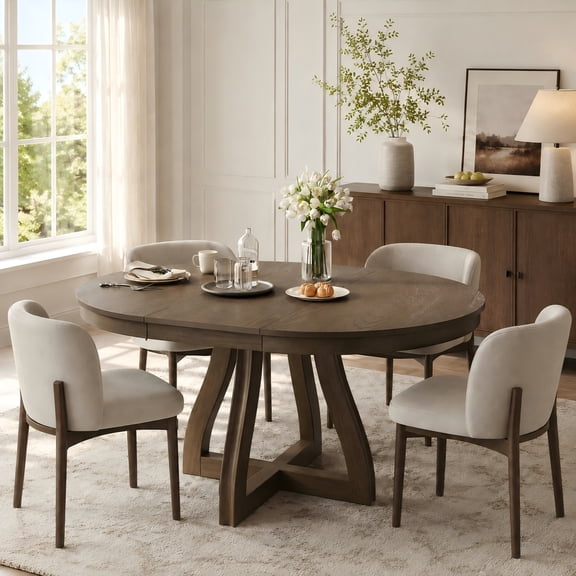 Aukfa Round Extendable Dining Table, 42"-58" Farmhouse Kitchen Table with Butterfly Leaf for Dining Room/Living Room, Espresso