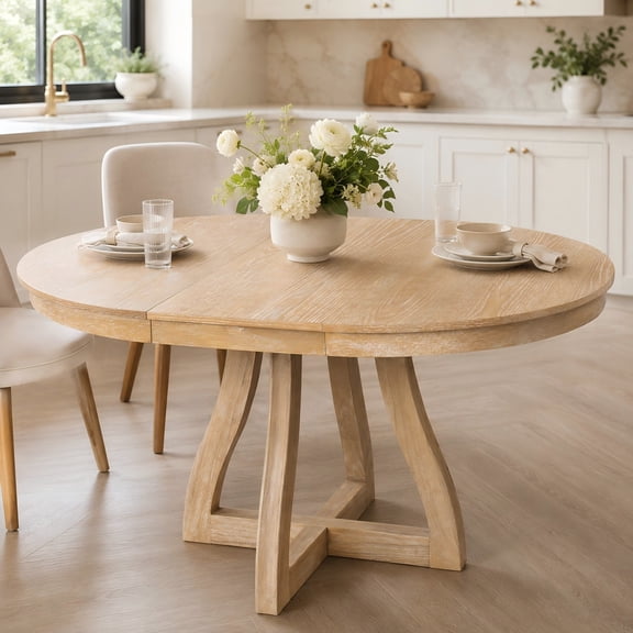 Aukfa Round Extendable Dining Table, 42"-58" Farmhouse Kitchen Table with Butterfly Leaf for Dining Room/Living Room, Natural Wood