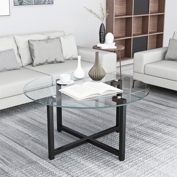 Aukfa Round Tempered Glass Coffee Table Metal Tube Legs End Table for Living Room, White