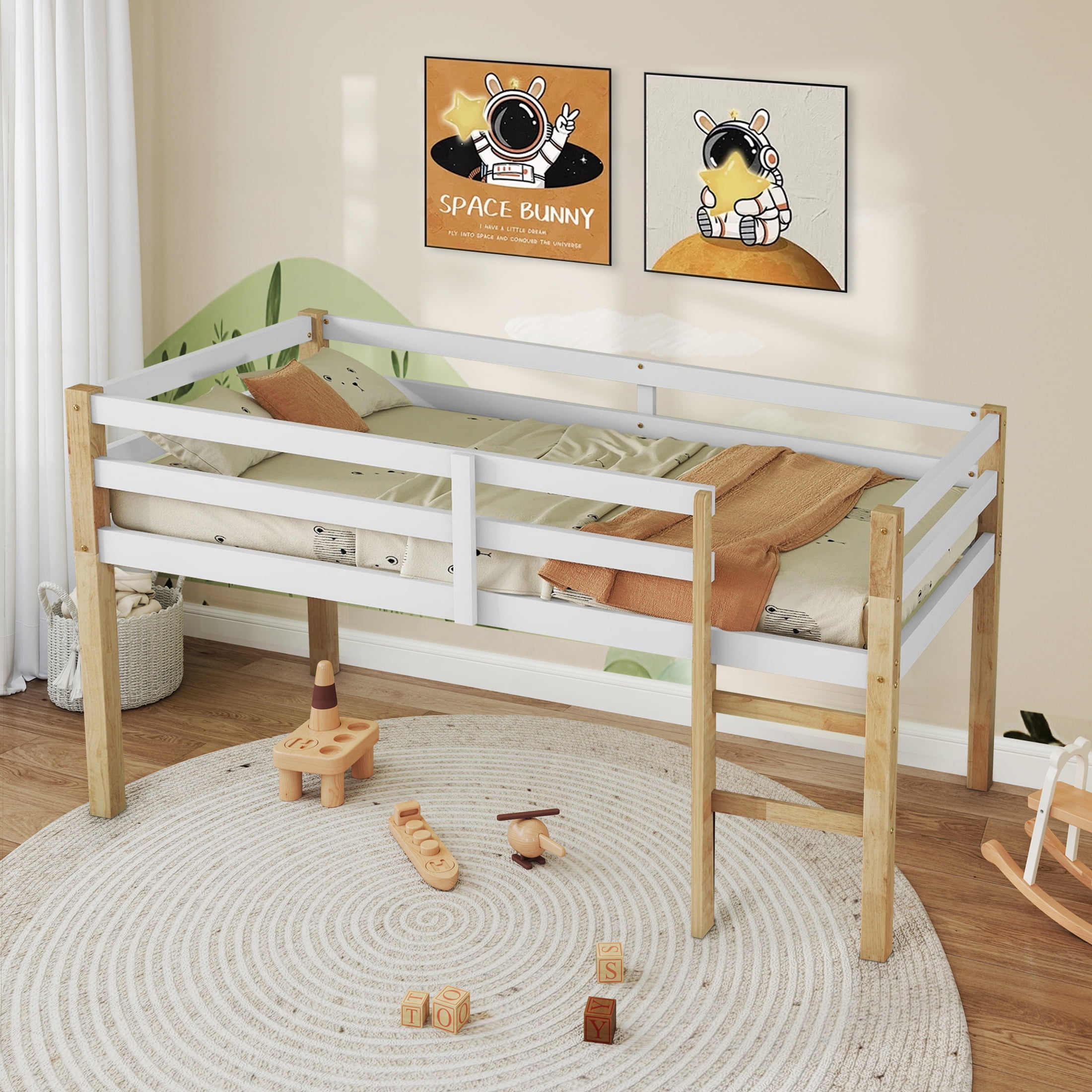 Aukfa Rubber Wood Twin Loft Bed with Ladder for Kids Girls Boys, Strengthened Slats, Natural/White