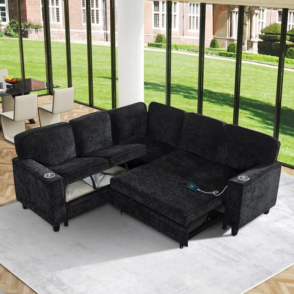 Aukfa Sectional Sleeper Sofa Bed w/Storage Seat, L Shaped Modular Sectional Sofa with USB Ports and Cup Holders for Living Room, Black
