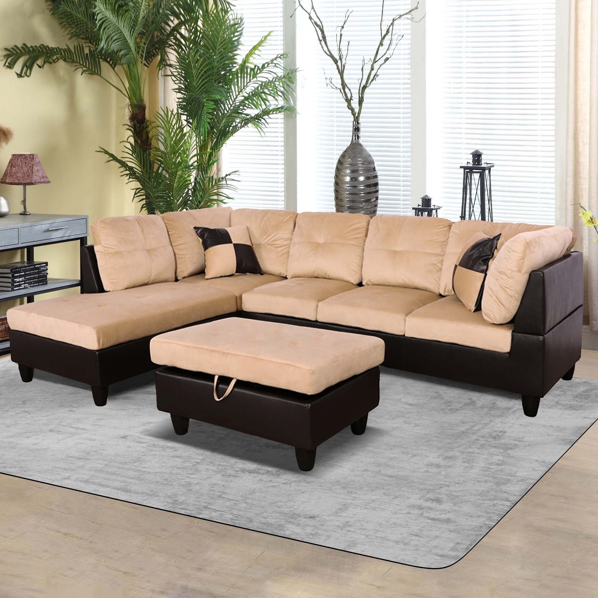Aukfa Sectional Sofa, 3 Piece Living Room Couch with Storage Ottoman, Left Facing Chaise, Beige