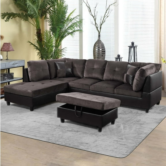 Aukfa Sectional Sofa, 3 Piece Living Room Couch with Storage Ottoman, Left Facing Chaise, Espresso