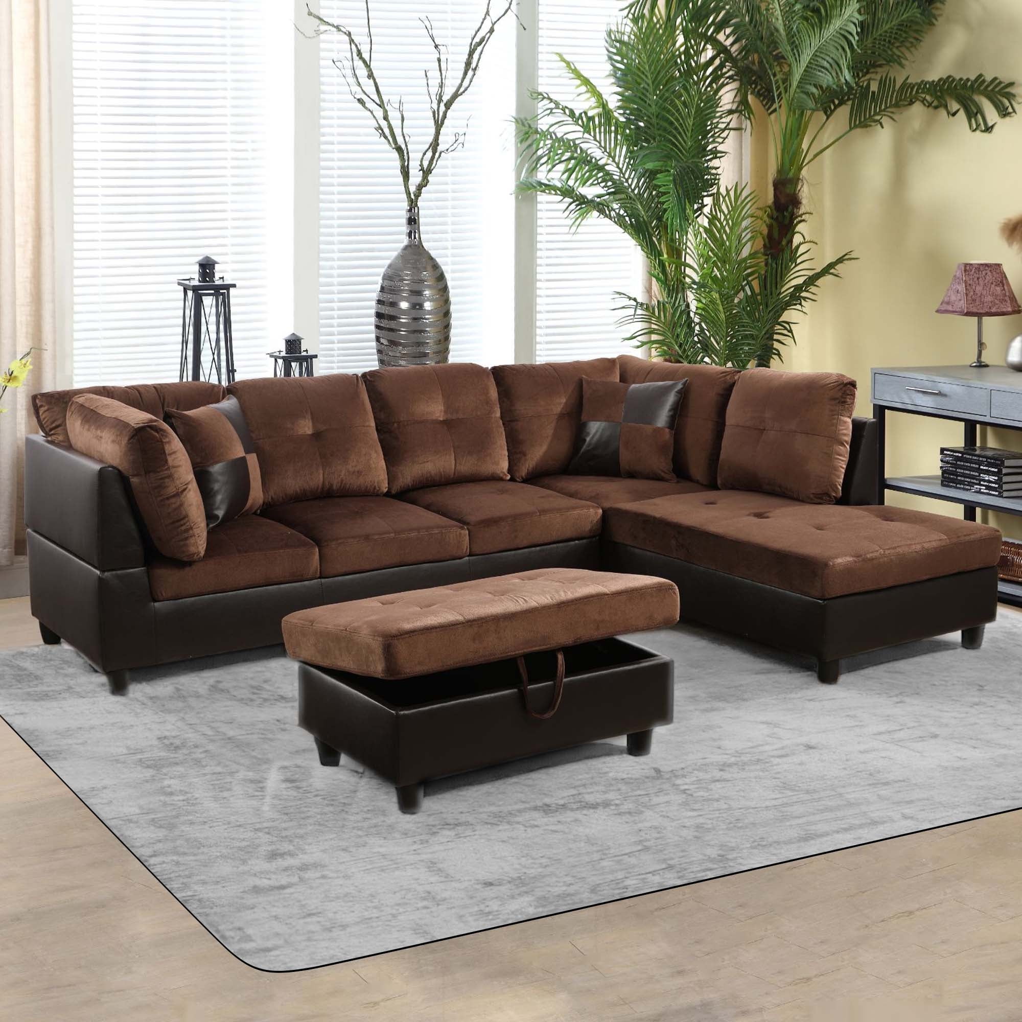 Aukfa Sectional Sofa 3 Piece Living Room Couch with Storage Ottoman Right Facing Chaise Brown Walmart