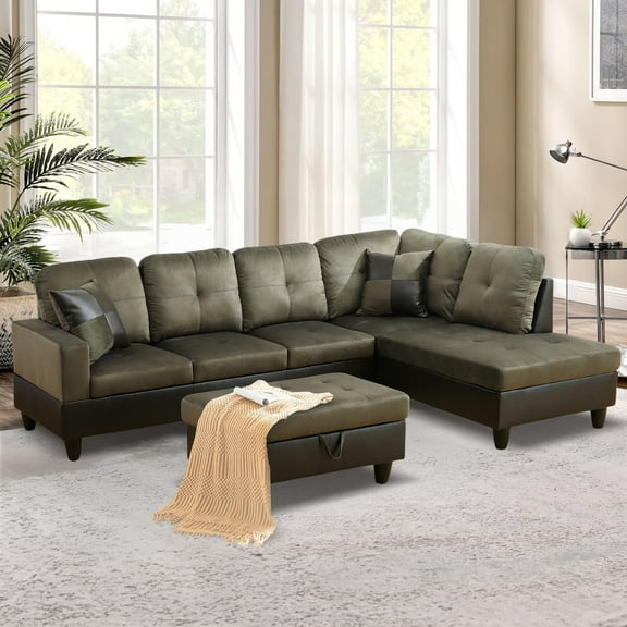 Aukfa Sectional Sofa, 3 Piece Living Room Couch with Storage Ottoman, Right Facing Chaise, Taupe