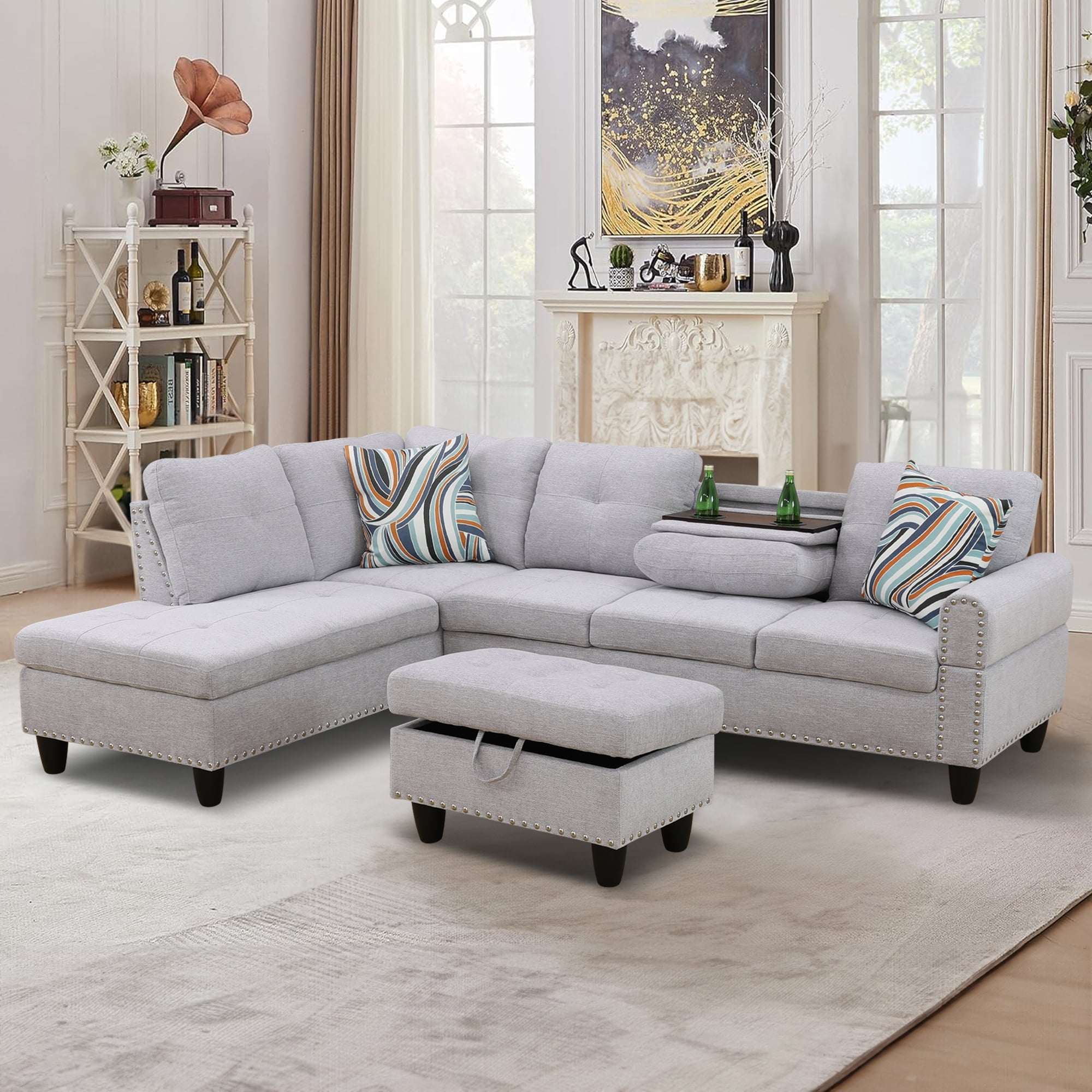 Aukfa Sectional Sofa, Living Room Couch with Storage Ottoman, Cup ...