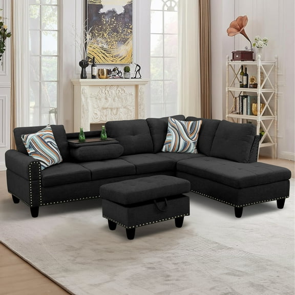 Aukfa 3 Piece Sofa Set, L shape Sectional Couch with Storage Ottoman&Cup Holder, Linen, Right Hand, Black Gray
