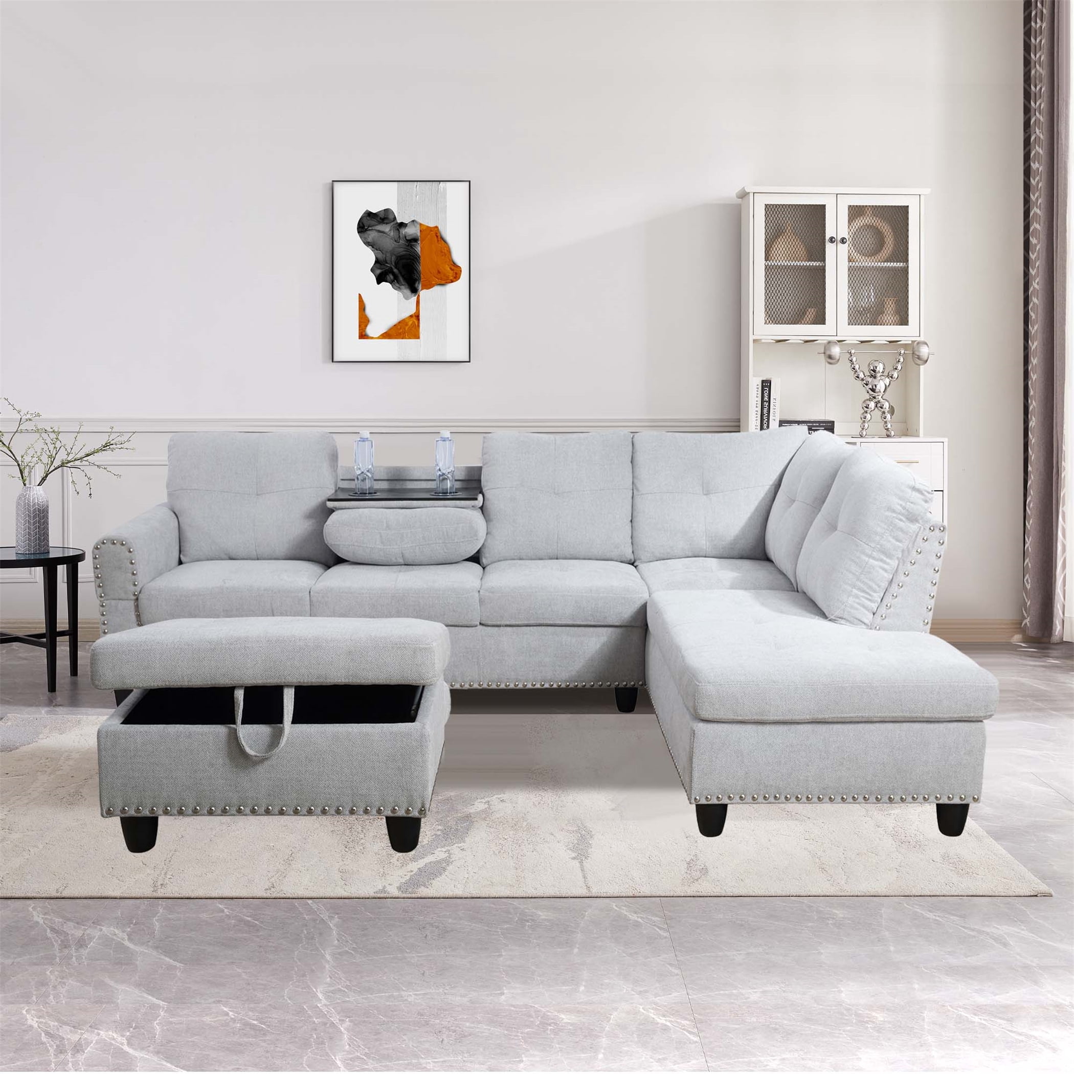 Aukfa 3 Piece Sofa Set, L shape Sectional Couch with Storage Ottoman&Cup Holder, Linen, Right Hand, Light Gray