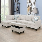 Aukfa Sectional Sofa, Living Room Couch with Storage Ottoman, Left Facing, 2 Pillows, Flannel, Beige