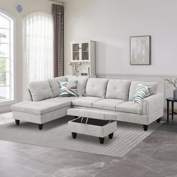 Aukfa Sectional Sofa, Living Room Couch with Storage Ottoman, Left Facing, 2Pillows, Flannel, Gray
