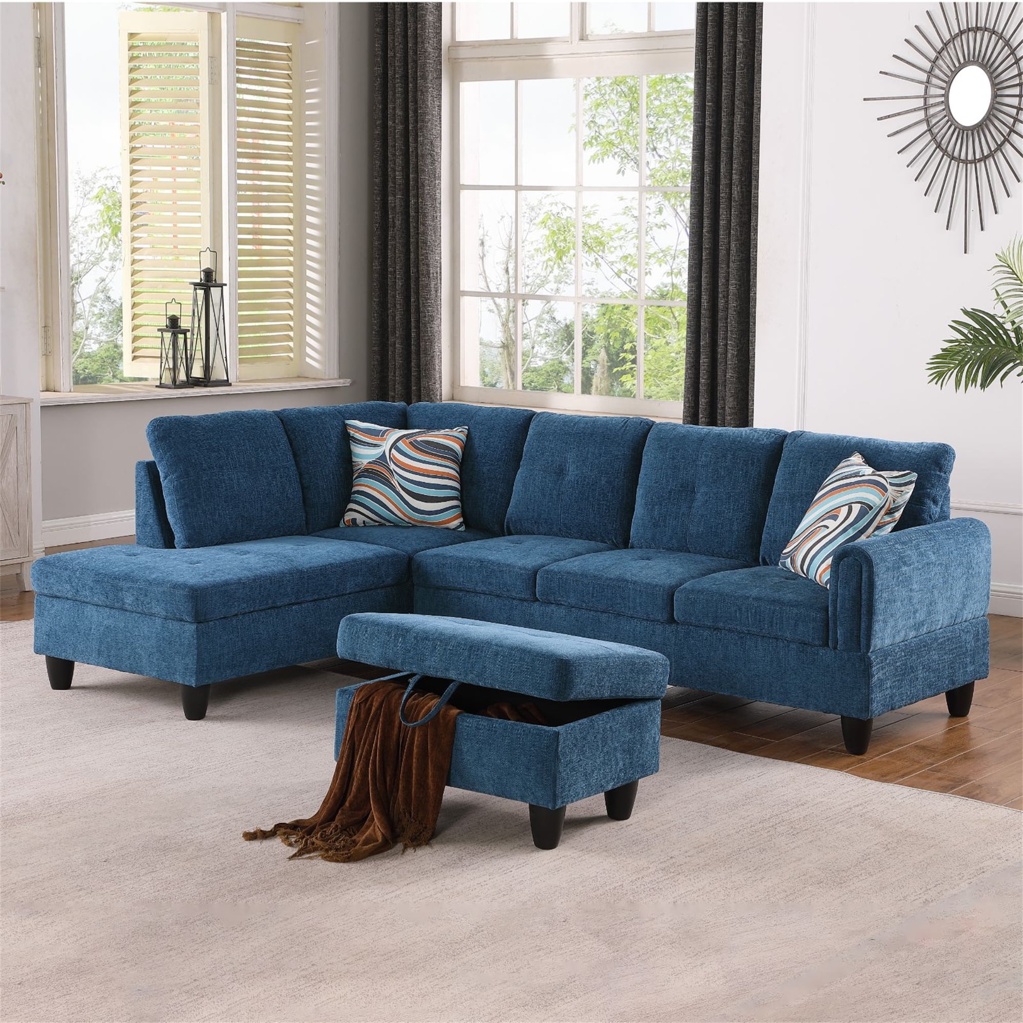 Aukfa Sectional Sofa, Living Room Couch with Storage Ottoman, Left Facing Chaise, Flannel, Blue