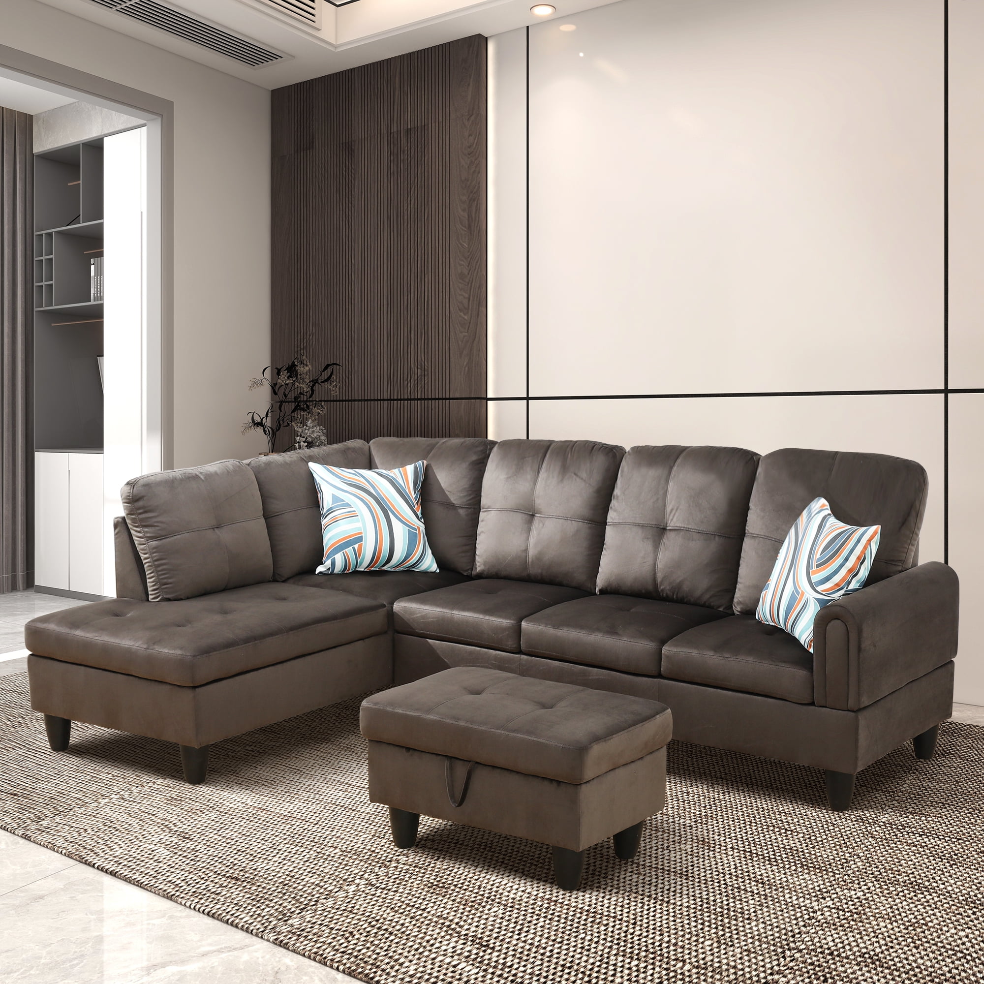 Aukfa Sectional Sofa Living Room Couch with Storage Ottoman Left