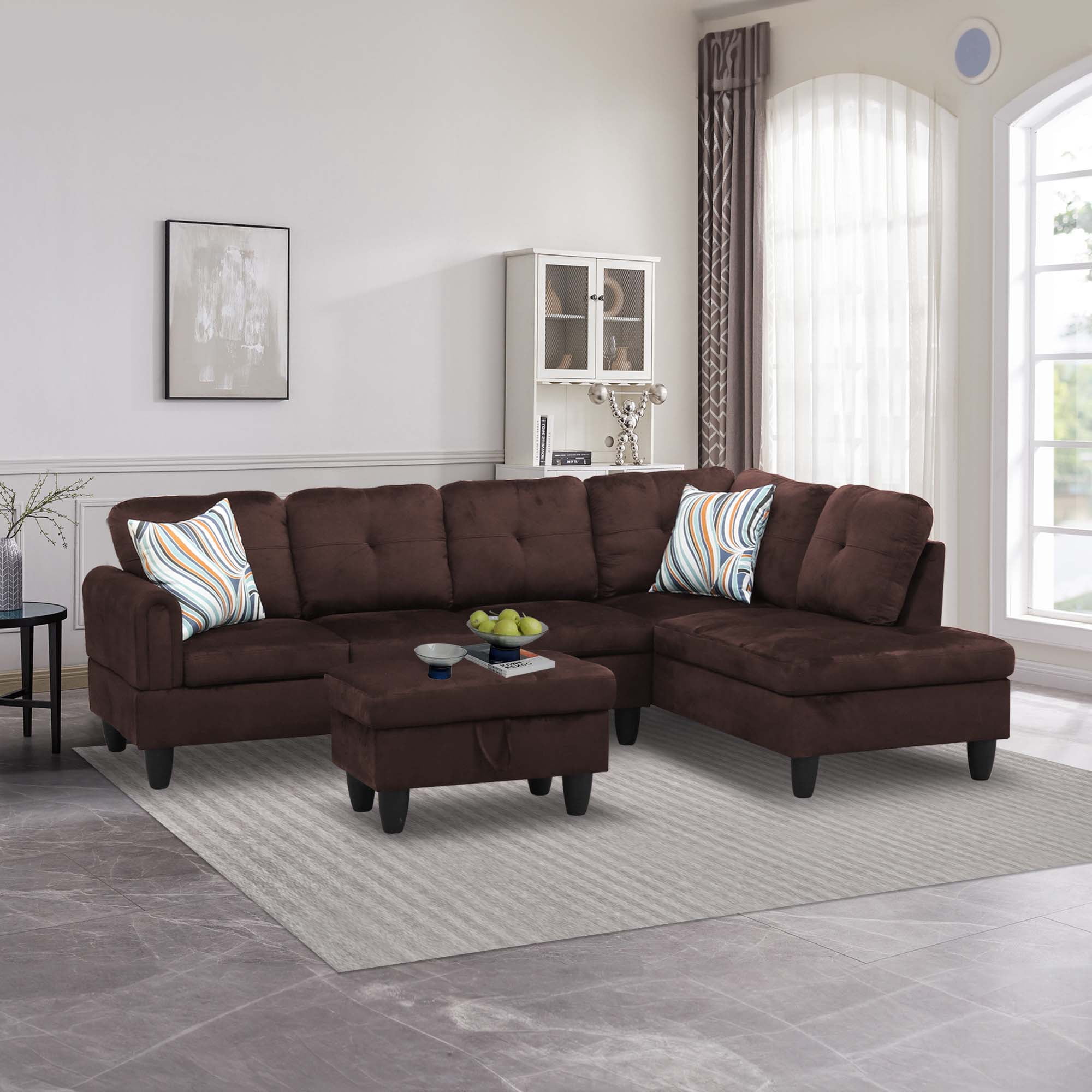 Aukfa Sectional Sofa, Living Room Couch with Storage Ottoman, Right Facing Chaise, Flannel, Brown