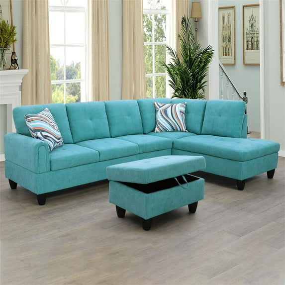 Aukfa Sectional Sofa, Living Room Couch with Storage Ottoman, Right Facing Chaise, Flannel, Green