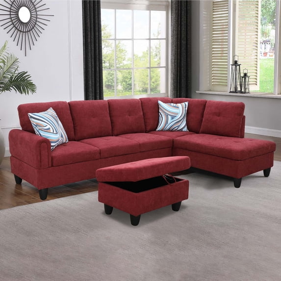 Aukfa Sectional Sofa, Living Room Couch with Storage Ottoman, Right Facing Chaise, Flannel, Red