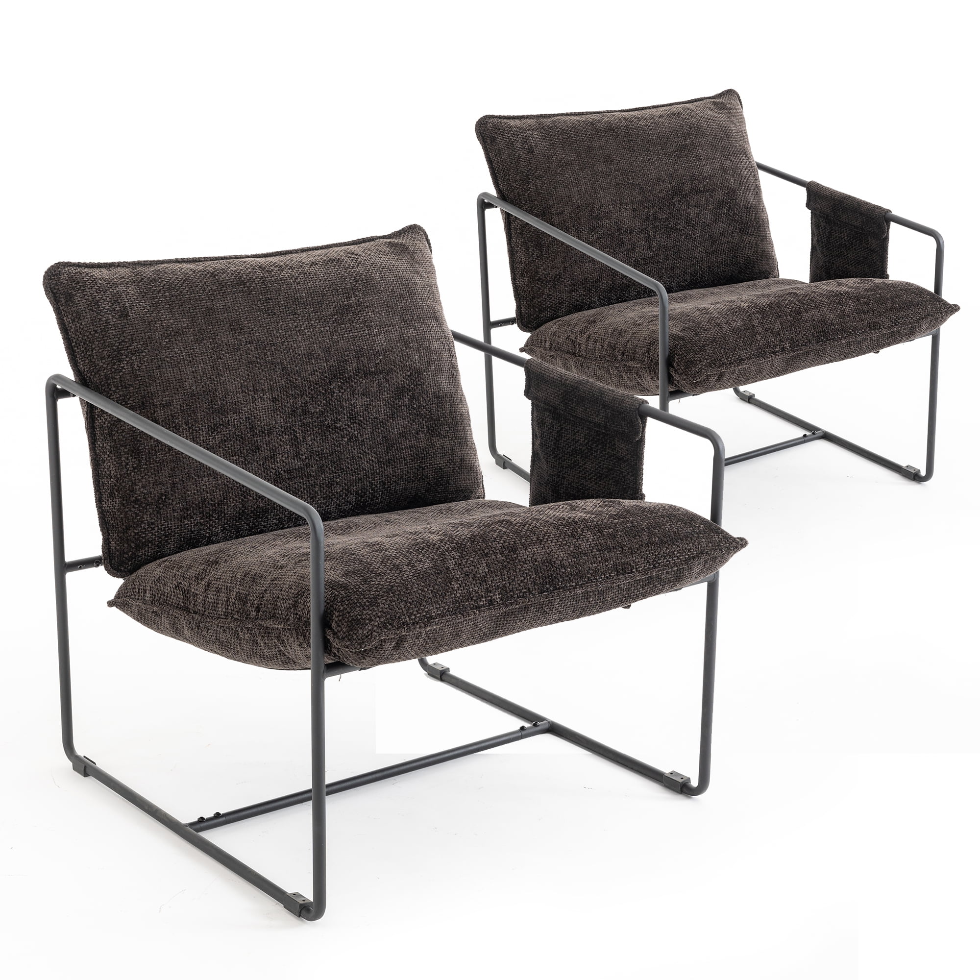 Aukfa Set of 2 Upholstered Sling Accent Chairs, Hanging Armchairs with Arm Pocket, Metal Frame & Crushed Foam Cushions for Living Room/Bedroom, Dark Gray