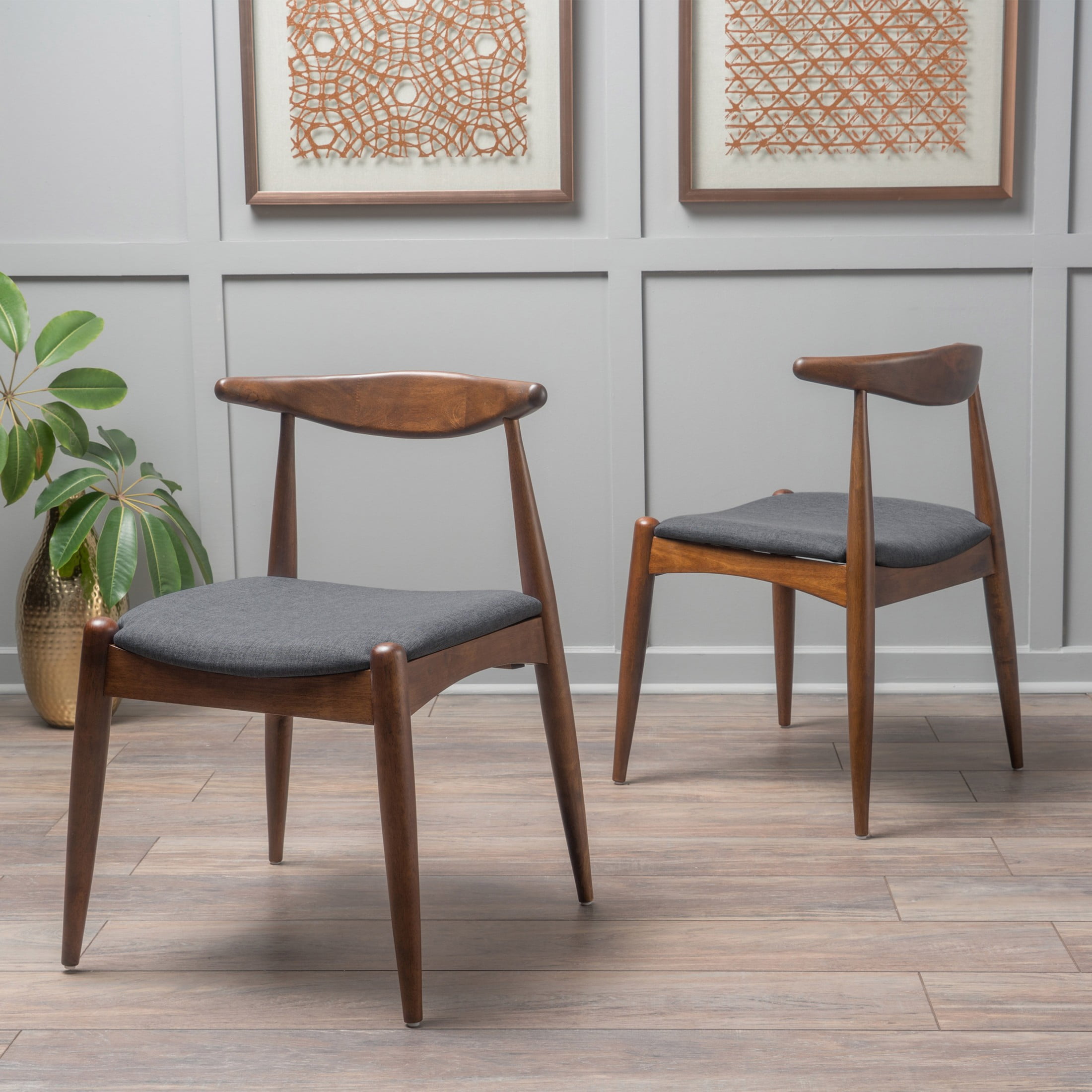 Aukfa Set of 2 Mid-Century Modern Dining Chairs, Upholstered Seat & Ergonomic Backrest Side Chairs, Rubberwood Frame, Dark Brown