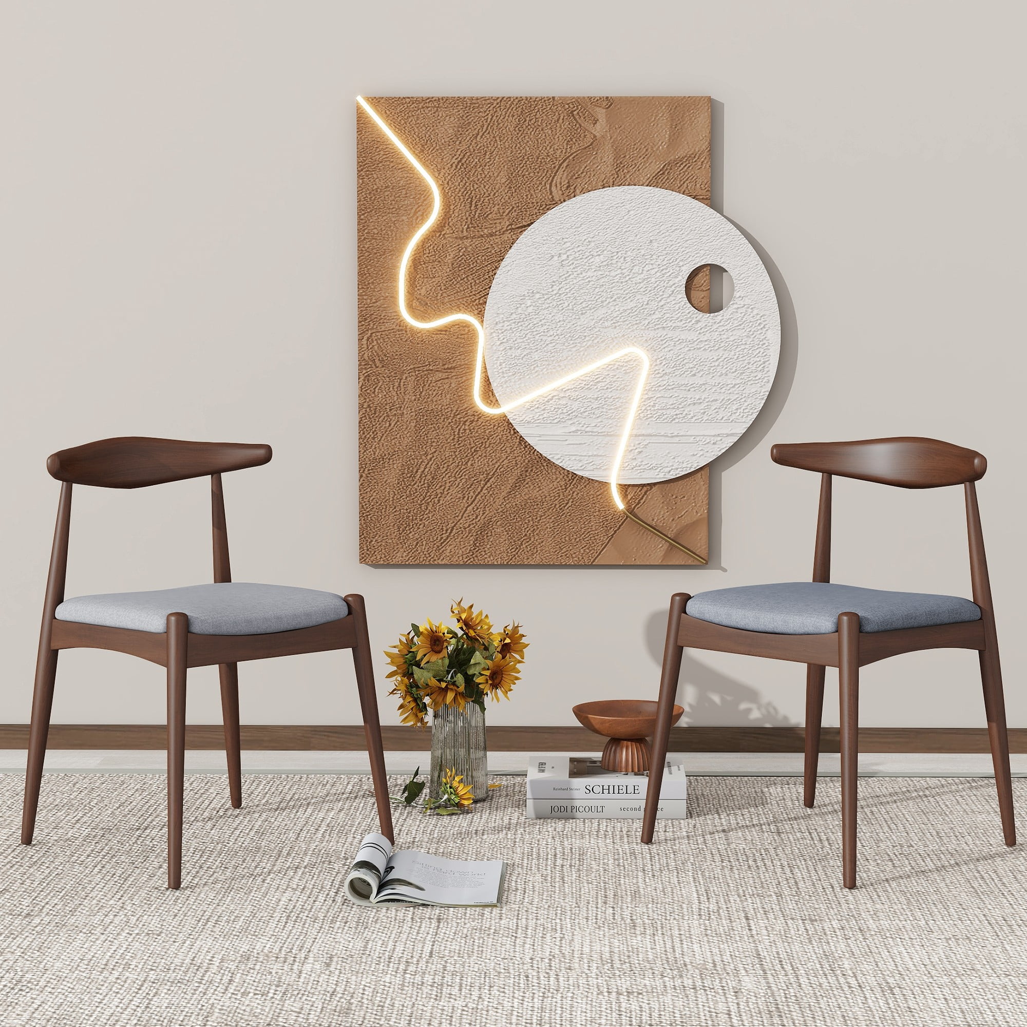 Aukfa Set of 2 Mid-Century Modern Dining Chairs, Upholstered Seat & Ergonomic Backrest Side Chairs, Rubberwood Frame, Gary