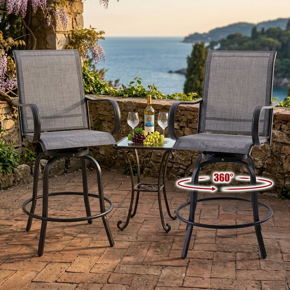Aukfa Set of 2 Outdoor Swivel Bar Stools, 360° Patio Bar Height Chairs w/ Textilene Fabric & Footrest for Backyard/Deck,Gray