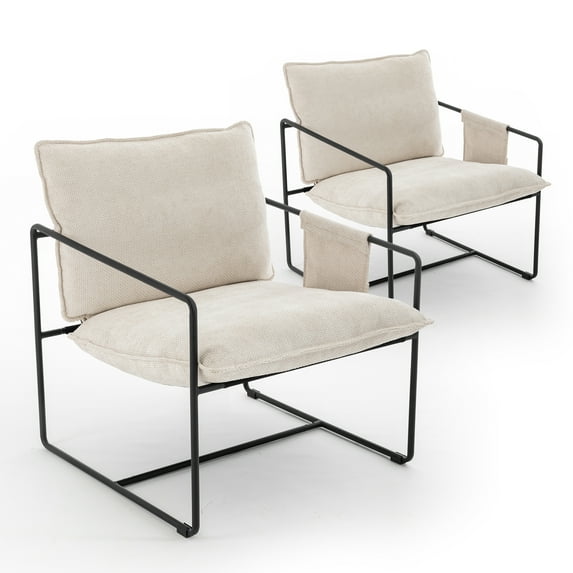 Aukfa Set of 2 Upholstered Sling Accent Chairs, Hanging Armchairs with Arm Pocket, Metal Frame & Crushed Foam Cushions for Living Room/Bedroom, Beige