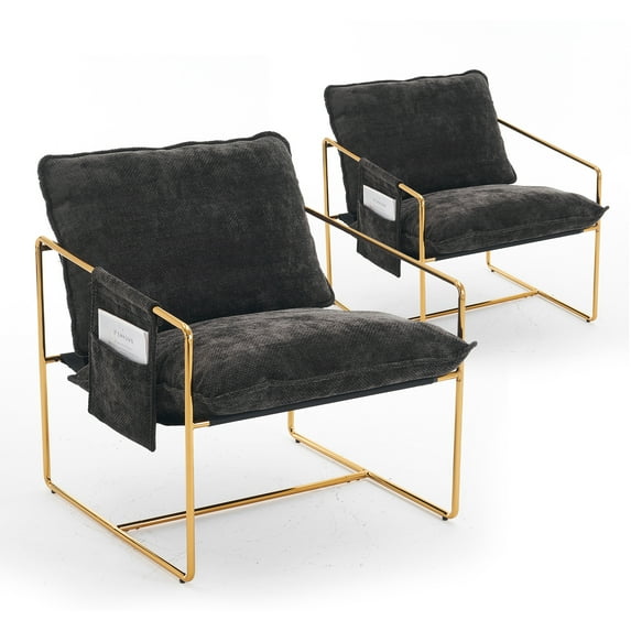 Aukfa Set of 2 Upholstered Sling Accent Chairs, Hanging Armchairs with Arm Pocket, Metal Frame & Crushed Foam Cushions for Living Room/Bedroom, Gray