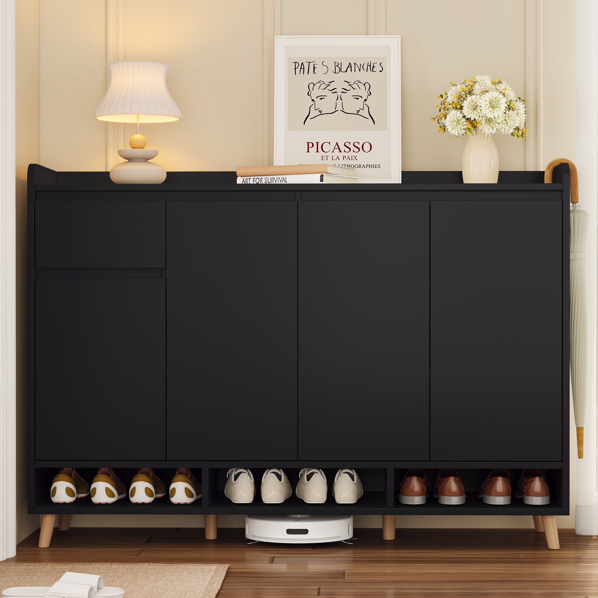 Aukfa Shoe Cabinet, Freestanding Shoes Organizer Cabinet with Adjustable Shelves for Entryway, Black