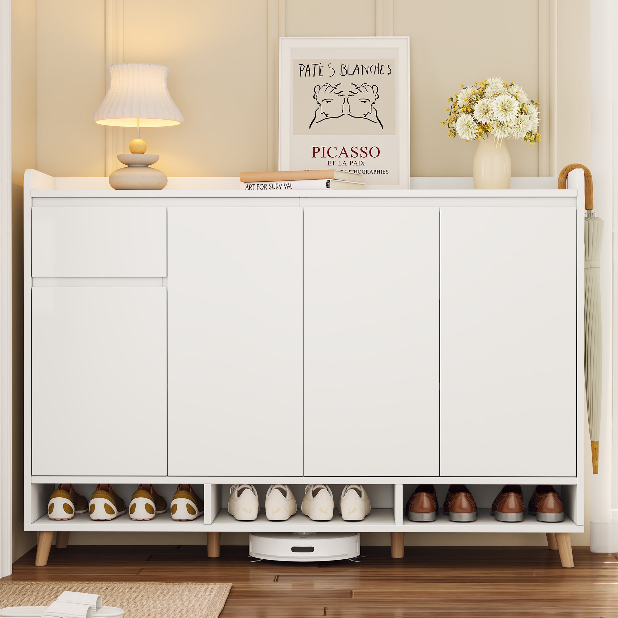 Aukfa Shoe Cabinet, Freestanding Shoes Organizer Cabinet with Adjustable Shelves for Entryway, White