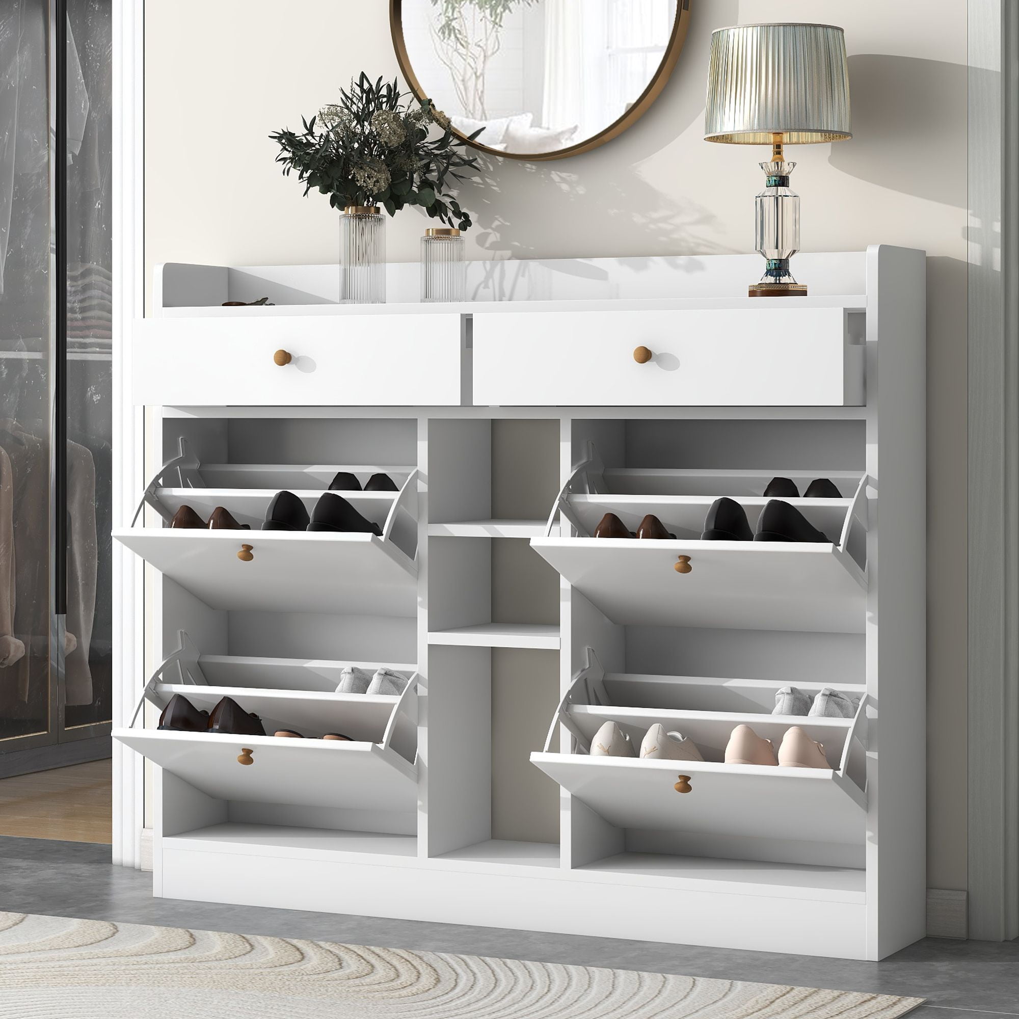 Aukfa Shoe Cabinet with 4 Flip Drawers and 2 Storage Drawers - White