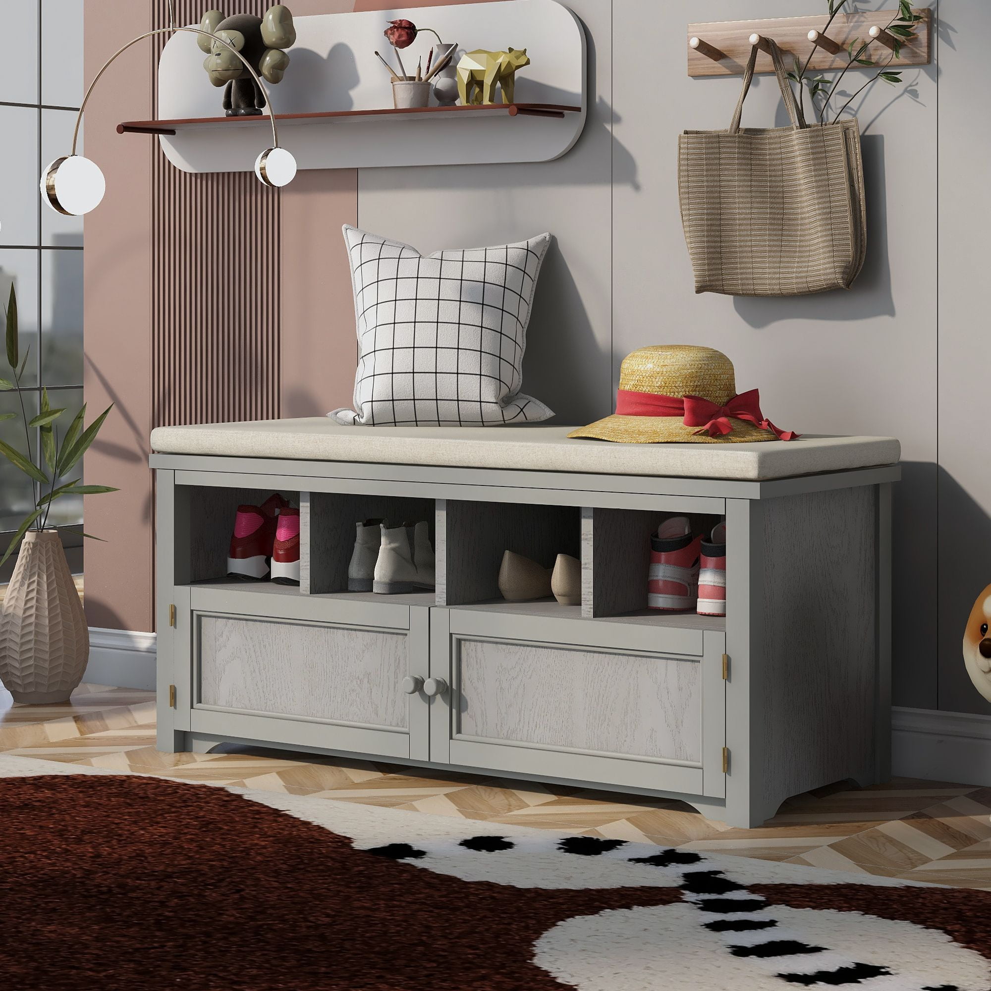 Aukfa Shoe with Bench,Two Door Shoe with Linen