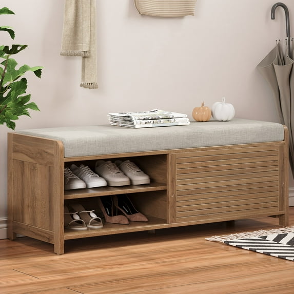 Aukfa Shoe Storage Bench with Cushion, Entryway Bench, 2 Tier Shoe Rack Organizer for Entryway Living Room Bedroom, Oak