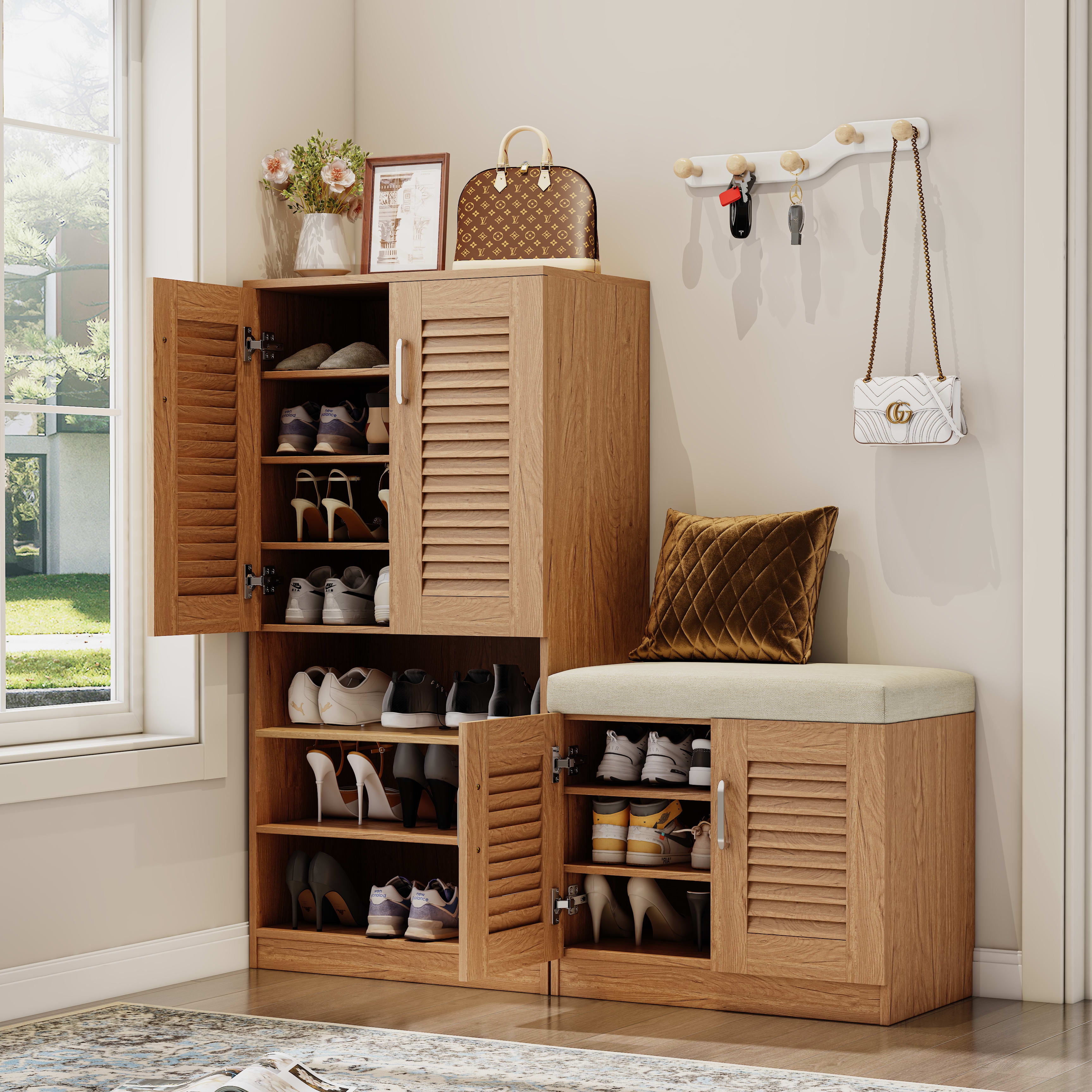 Aukfa Shoe Storage Cabinet with Cushion Bench, Shoe Bench Freestanding Shoe Rack for Mudroom, Hallway,Oak