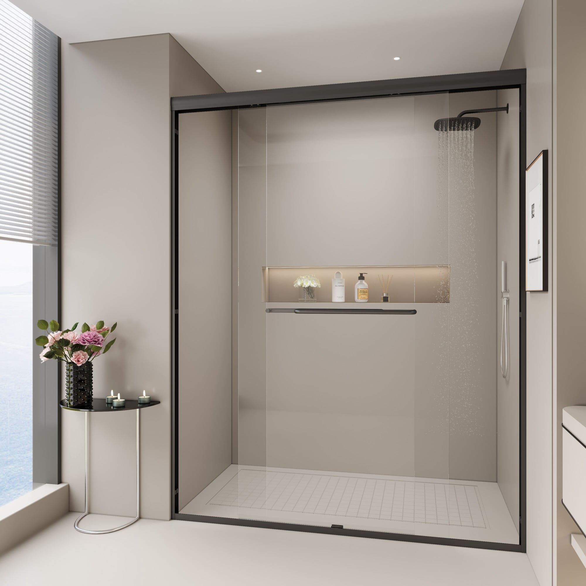 Aukfa Shower Doors, 56 - 60" W x 72" H Sliding Glass Shower Door, Matte Black Aluminum Frame, 1/4'' (6mm) High-Strength Tempered Glass for Walk-in Showers