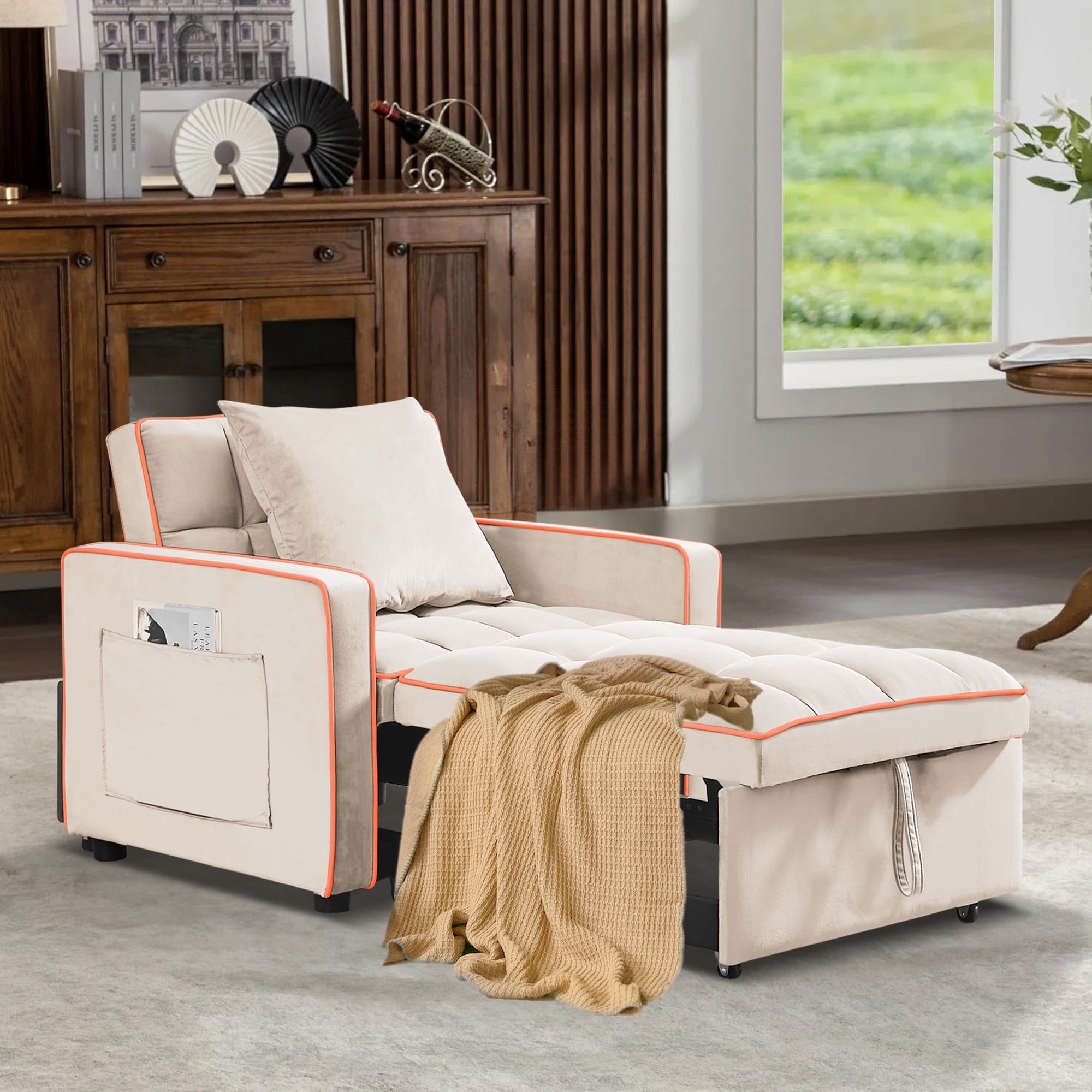 Aukfa Sleeper Chair Bed, Convertible Pull Out Sofa Bed for Living Room Apartment, Beige